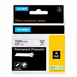 DYMO Rhino Industrial Permanent Polyester Labels | 12 mm x 5.5 m | Black Print on White | Self-Adhesive | for Rhino & LabelManager Label Makers 