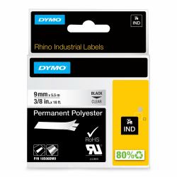 DYMO Rhino Industrial Permanent Polyester Labels | 9 mm x 5.5 m | Black Print on Clear | Self-Adhesive | for LabelManager & Rhino Label Makers 