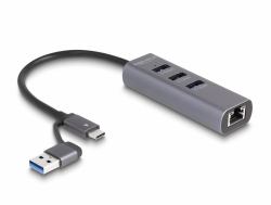 DeLOCK 3 Port USB 5 Gbps Hub + Gigabit LAN with USB Type-C or USB Type-A connector in metal case 