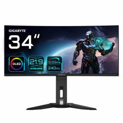 GIGABYTE MO34WQC2 34" OLED WQHD Curved Gaming Monitor - 3440 x 1440, 240Hz, 0.03ms, KVM, 250 cd/m², FreeSync Premium Pro, DisplayHDR True Black 400, HDMI 2.1, Displayport 1.4 