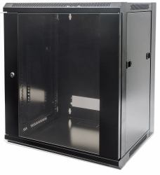 Intellinet 19" Network Cabinet - Wall Mount [Standard], 12U, 600mm Deep, Black, Flatpack, Max 60kg, Suitable also for use on desk or floor, Usable Depth 410mm, Metal & Glass Door, Back Panel, Removeable Sides, Parts for wall install [eg screws/rawl plugs] not incl 