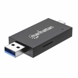 Manhattan USB-A / USB-C combo Multi-Card Reader/Writer, 5 Gbps [USB 3.2 Gen1 aka USB 3.0], Male to microSD and SD/MMC Slots, Mini Format, SuperSpeed USB, Windows or Mac, Black/Transparent, Three Year Warranty 