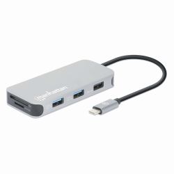 Manhattan USB-C Dock/Hub with Card Reader, Ports [x6]: Ethernet, HDMI, USB-A [x3] and USB-C, With Power Delivery [100W] to USB-C Port [Note additional USB-C wall charger and USB-C cable needed], Universal for all devices, Cable 15cm, Aluminium, Silver 