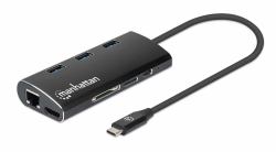 Manhattan USB-C Dock/Hub with Card Reader, Ports [x6]: Ethernet, HDMI, USB-A [x3] and USB-C, With Power Delivery [100W] to USB-C Port [Note additional USB-C wall charger and USB-C cable needed], Universal for all devices, Aluminium, Equivalent to DKT30CSDHPD3 