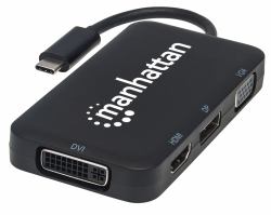 Manhattan USB-C Dock/Hub, Ports [x4]: DisplayPort, DVI-I, HDMI or VGA, Note: Only One Port can be used at a time, External Power Supply Not Needed, Universal for all devices, Cable 8cm, Black, Three Year Warranty 