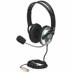 Manhattan Stereo Over-Ear Headset [3.5mm], Microphone Boom [padded], Adjustable Steel Headband, In-Line Volume Control, Ear Cushions, Std 2x 3.5mm stereo jack/plug for audio/mic use, cable 2.5m, 3 Year Warranty 
