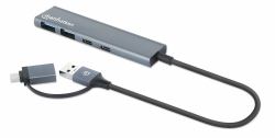 Manhattan USB-C & USB-A Combo Dock/Hub, Ports [4]: USB-A [x2] and USB-C [x2], 5 Gbps [USB 3.2 Gen1 aka USB 3.0], USB powered [no external power supply required], Aluminium 
