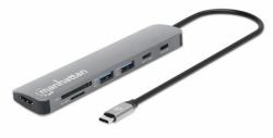 Manhattan USB-C Dock/Hub with Card Reader, Ports [x5]: HDMI, USB-A [x2] and USB-C [x2], with Power Delivery [PD] 100W- requires external USB-C charger [not included]. USB powered [no external power supply required] when PD is not in use 
