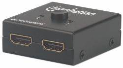 Manhattan HDMI Switch 2-Port, 4K@30Hz, Bi-Directional, Black, Displays output from x1 HDMI source to x2 HD displays [same output to both displays] or Connects x2 HDMI sources to x1 display, Manual Selection, No external power required, 3 Year Warranty 