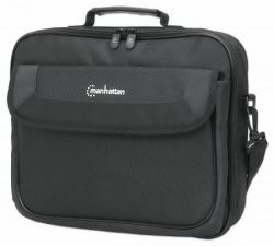 Manhattan Cambridge Laptop Bag 14.1", Clamshell Design, Black, LOW COST, Accessories Pocket, Document Compartment on Back, Shoulder Strap [removable], Equivalent to Targus CN313/CN414EU, Notebook Case, Three Year Warranty 