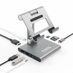 Plugable Technologies 8-in-1 USB C Hub for iPad with Stand, 100W Pass-Through Charging, USB C Docking Station for iPad, 1x HDMI, 2X USB, Audio, SD, Driverless, Compatible with Windows, iPadOS, Phones, Tablets 