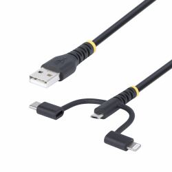 StarTech.com 3.3ft [1m] Rugged USB Multi Charging Cable, USB to Lightning/Micro-USB/Type-C, Apple MFi Certified, Aramid Jacket, Universal 3-in-1 USB Charger Cord for iPhone/iPad/Android 