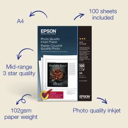 Epson A4 Photo Quality Inkjet Paper 102gsm, 100 sheets 
