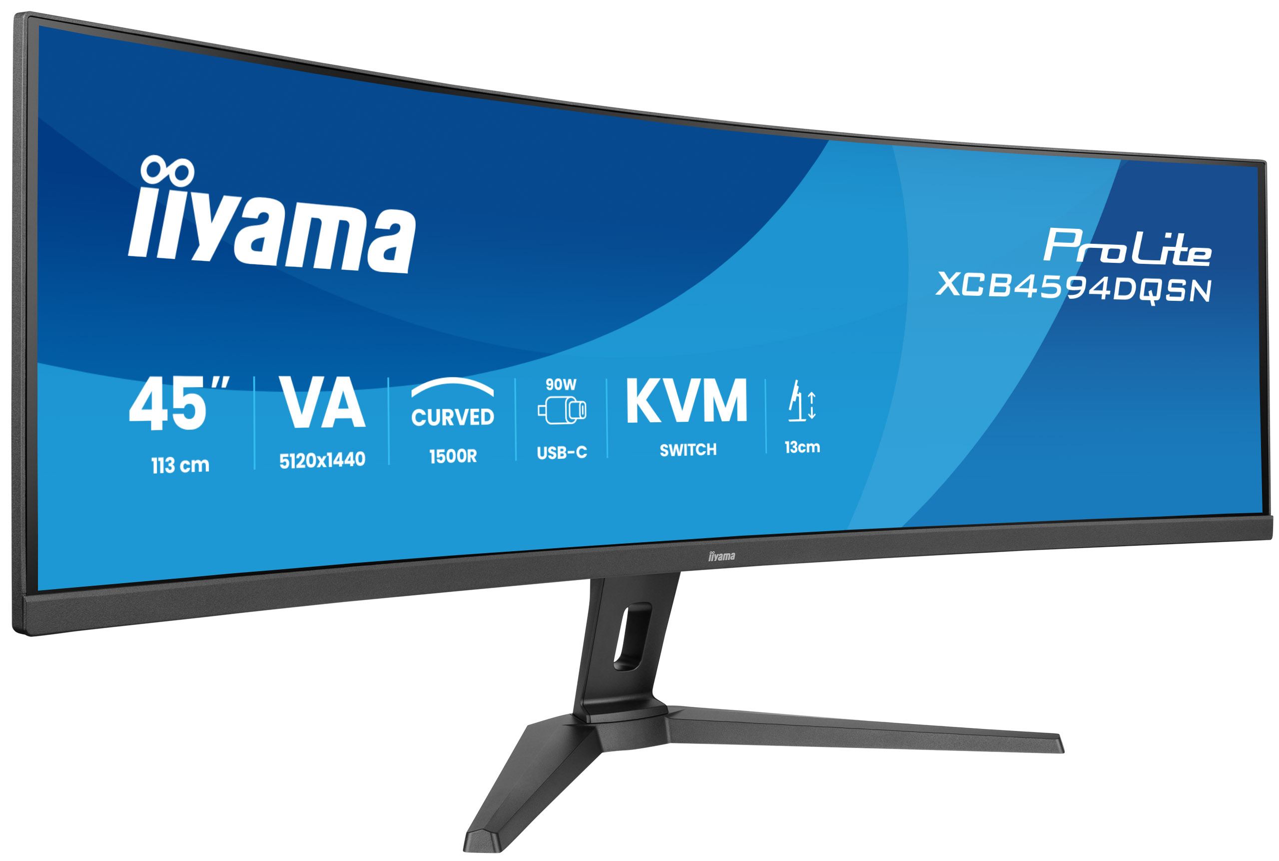 iiyama G-MASTER 45LCD Curved Bus. UWQHD computer monitor 113 cm [44.5] 5120 x 1440 pixels Dual QHD LED Black (iiyama ProLite XCB4594DQSN-B1 - LED monitor - curved - 44.5 - 5120 x 1440 Dual Quad HD @ 165 Hz - VA - 450 cd/m² - 3000:1 - 0.8 ms - 2xHDMI, DisplayPort, USB-C - speakers - black, matte)
