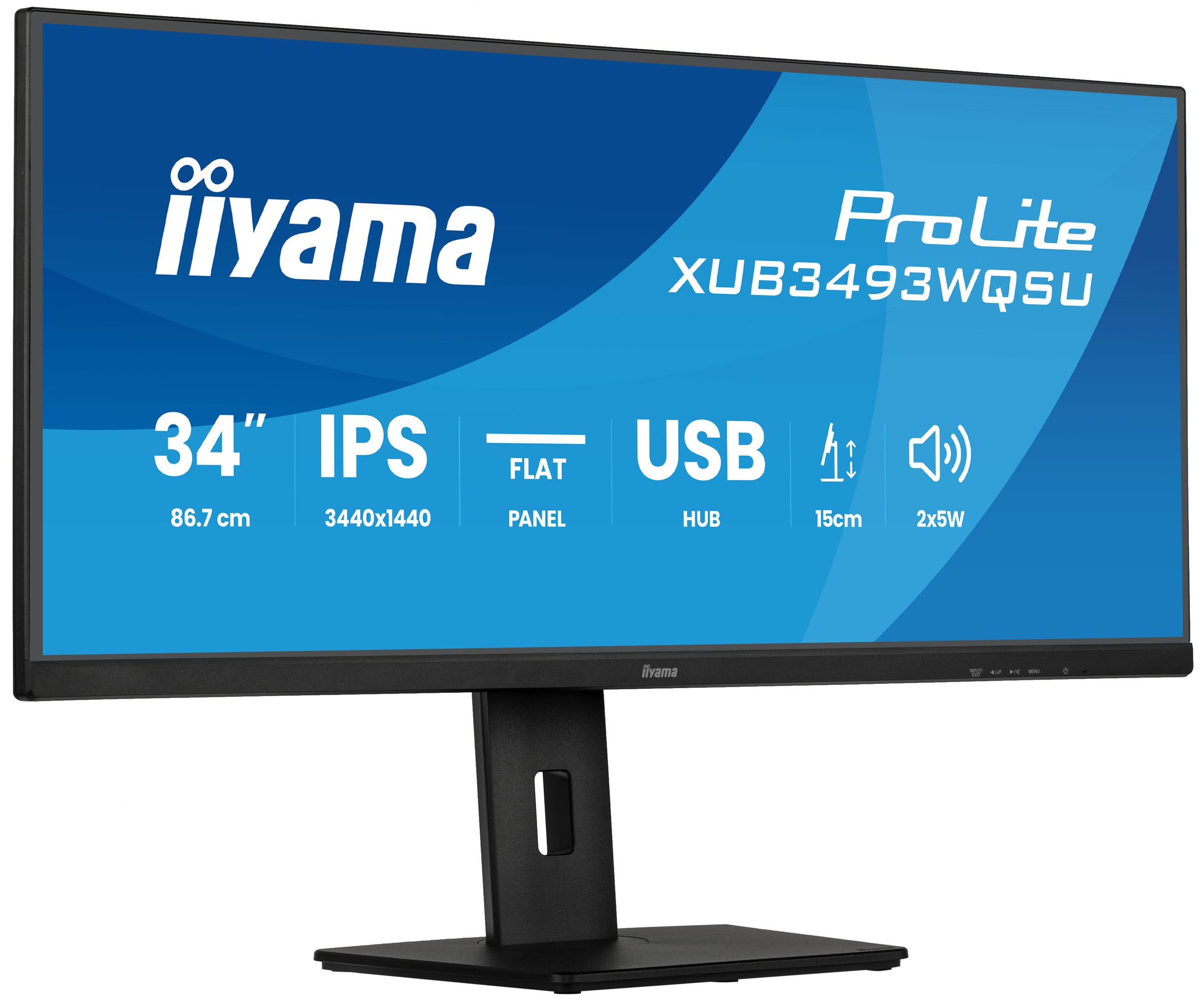 iiyama ProLite XUB3493WQSU-B6 computer monitor 86.4 cm [34] 3440 x 1440 pixels UltraWide Quad HD LED Black (iiyama ProLite XUB3493WQSU-B6 - LED monitor - 34 - 3440 x 1440 UWQHD @ 120 Hz - IPS - 400 cd/m² - 1000:1 - 1 ms - 2xHDMI, DisplayPort - speakers - matte black)