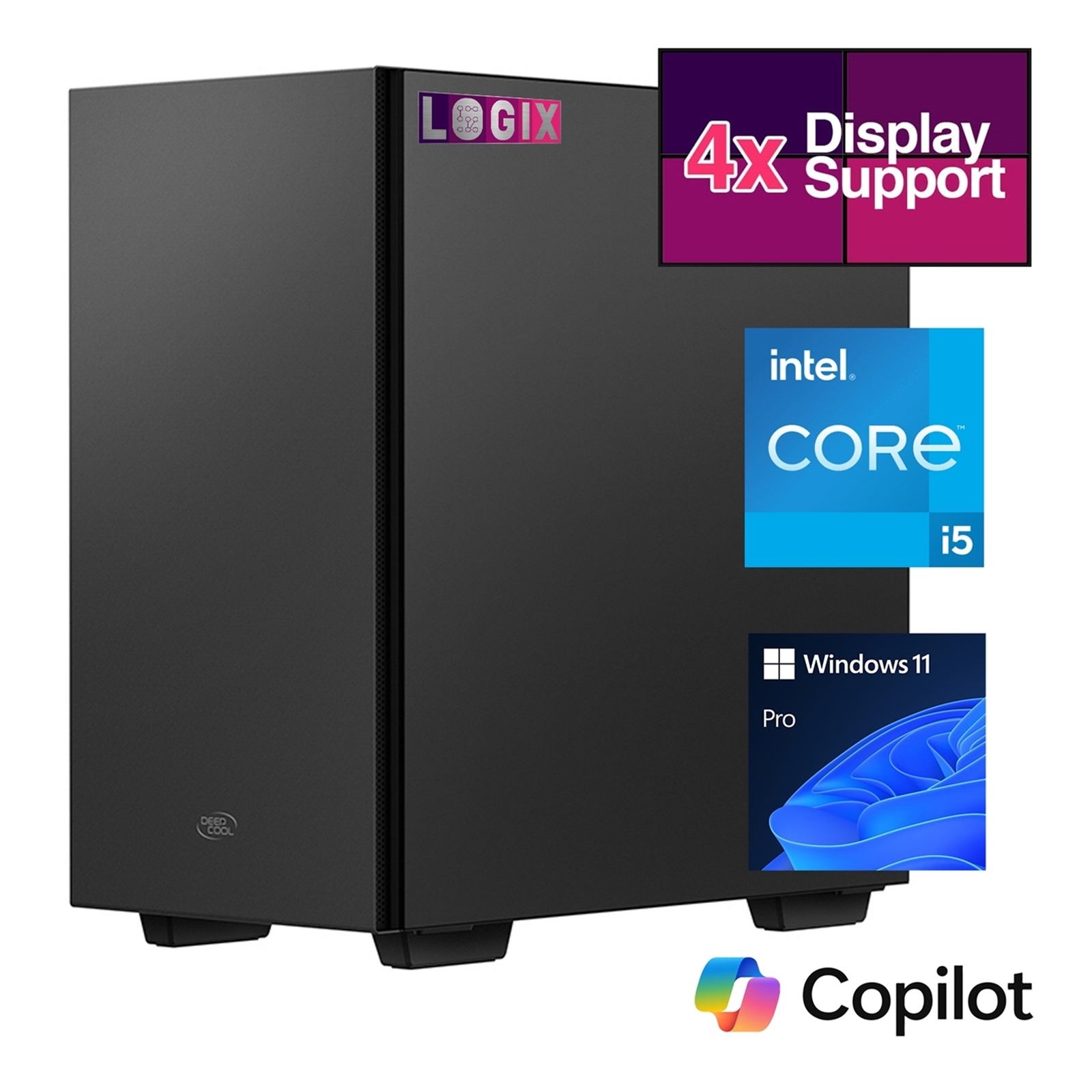 LOGIX Micro Tower - Designed for CCTV Use - Intel i5 Processor, 16GB Kingston Memory, 500GB Kingston SSD, Output to 4 Monitors, with Dual LAN, Windows 11 Pro Intel® Core™ i5 DDR5-SDRAM Black (LOGIX Micro Tower - Designed for CCTV Use - Intel i5 Processor, 16GB Kingston Memory, 500GB Kingston SSD, Output to 4 Monitors, with Dual LAN, Windows 11 Pro)
