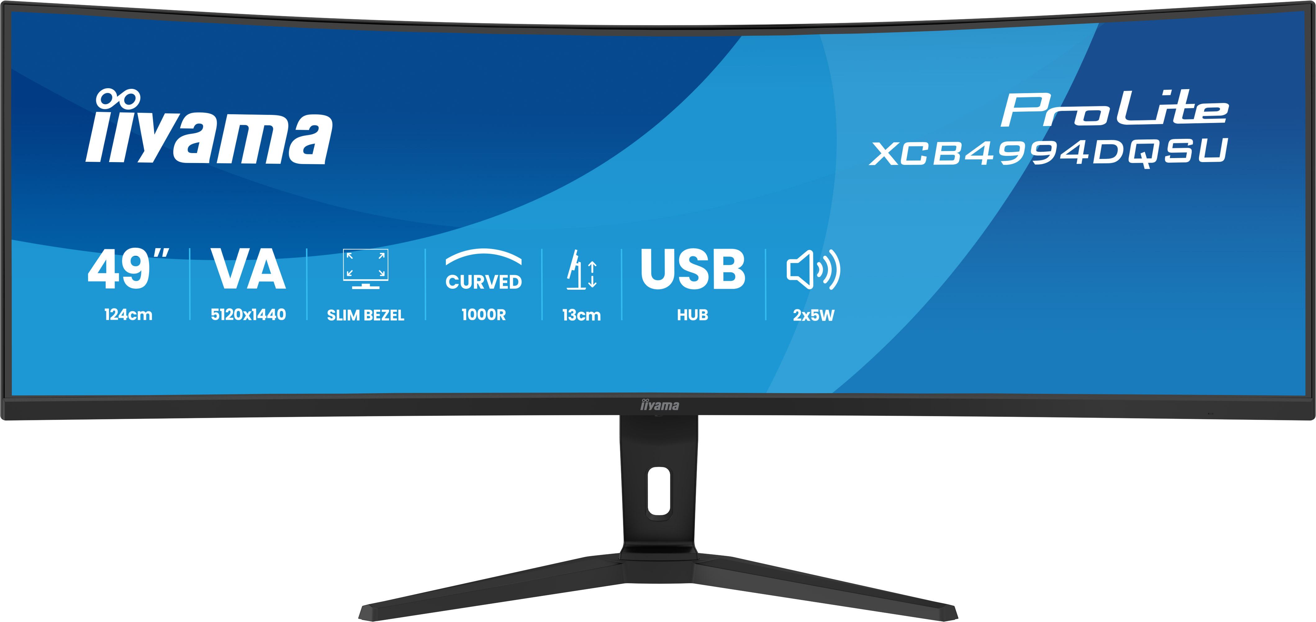 iiyama ProLite XCB4994DQSU-B1 computer monitor 124.5 cm [49] 5120 x 1440 pixels Dual QHD LCD Black (iiyama ProLite XCB4994DQSU-B1 - LED monitor - curved - 49 - 5120 x 1440 Dual Quad HD @ 120 Hz - VA - 400 cd/m² - 3000:1 - HDR10 - 2 ms - 2xHDMI, 2xDisplayPort - speakers - black, matte)
