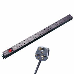 connektgear 3m 12 Way Surge Protected Vertical Rack Mount Power Extension Block - UK Plug to 12 x UK Sockets - Black 