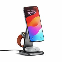 Satechi ST-Q31FM-EA Ladegerät für Mobilgeräte Kopfhörer, Smartphone, Smartwatch Grau, Schwarz USB Kabelloses Aufladen Drinnen (Satechi 3-in-1 Charging Stand [SpcGry])