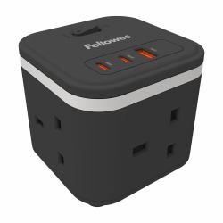Fellowes Power Cube 3x230v 1xUSB-A 2x USB-C Socket 2m Cable Black - 100136979 Verlängerungskabel 3 AC-Ausgänge Drinnen Schwarz, Weiß (Power Cube Type G - Black)